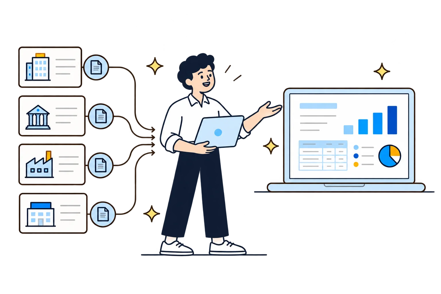 Trial balances from each entity flow into FinConso, which presents consolidated statements, schedules and charts